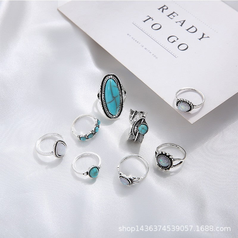 Wholesale Vintage turquoise carved feather ring set 8 pieces